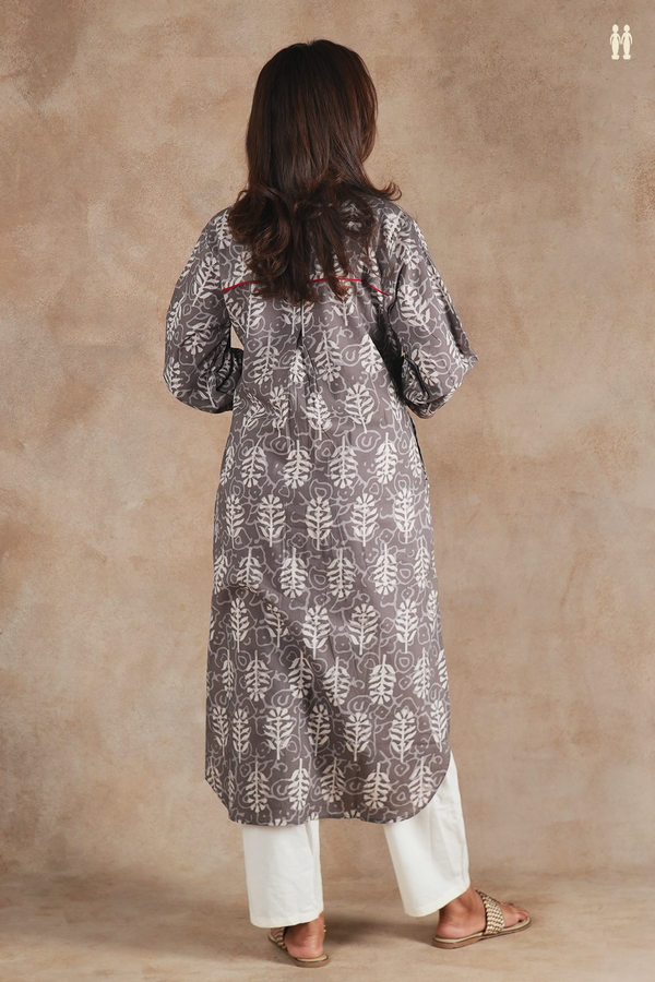 Mandarin Neck Printed Design Grey Cotton Long Kurta