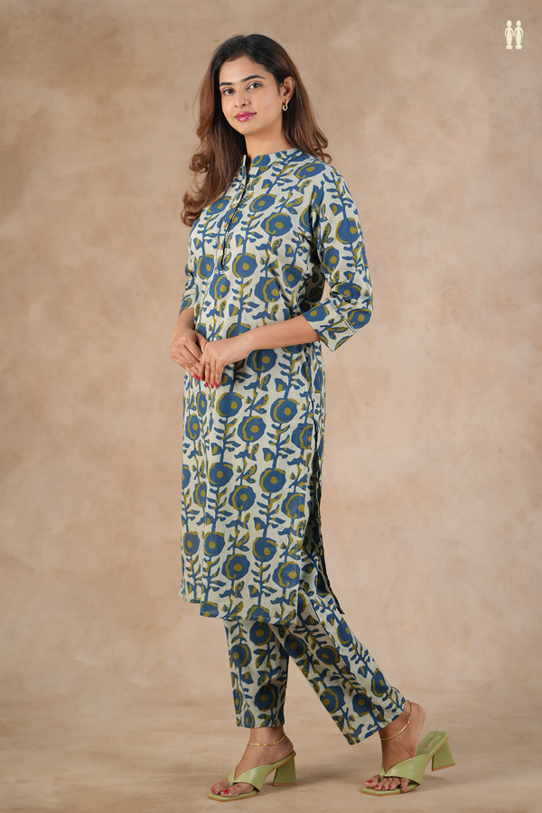 Mandarin Neck Printed Design Light Grey Cotton Salwar Set