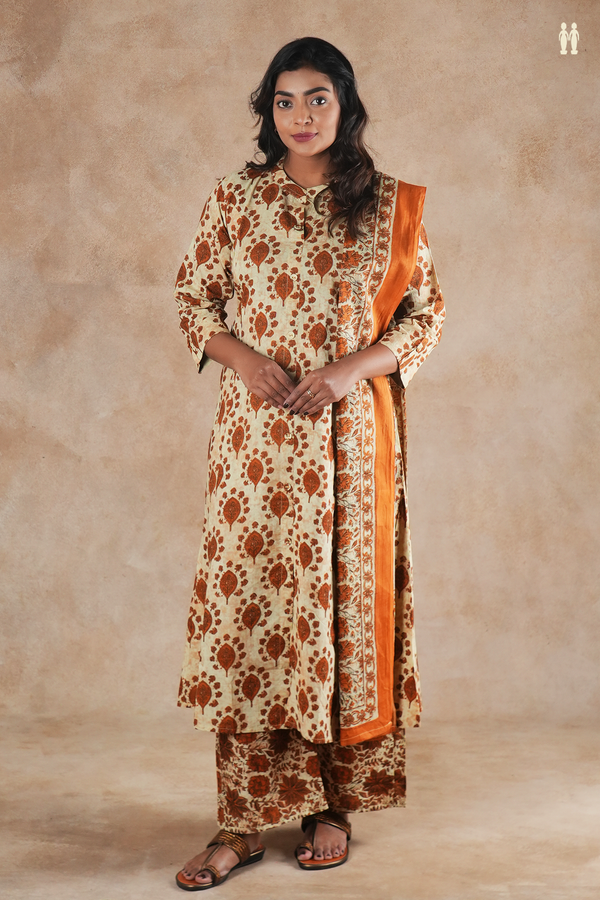 Mandarin Neck Printed Design Pastel Brown Cotton Salwar Set