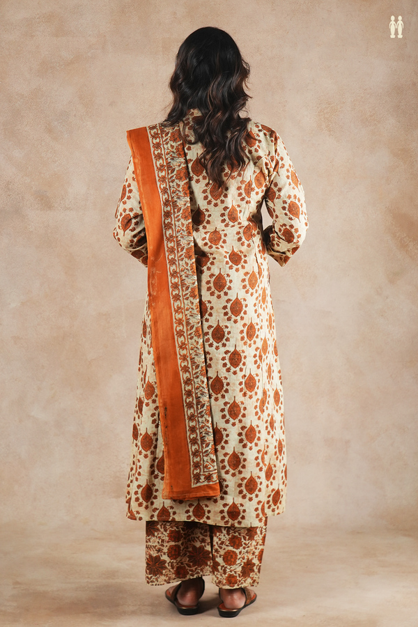 Mandarin Neck Printed Design Pastel Brown Cotton Salwar Set