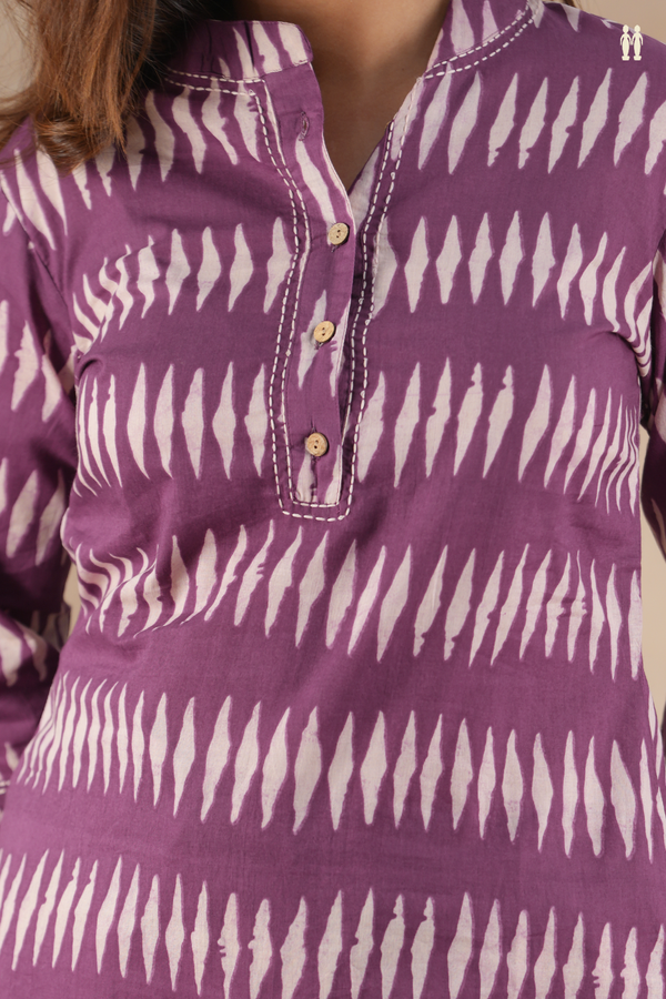 Mandarin Neck Printed Design Purple Cotton Salwar Set