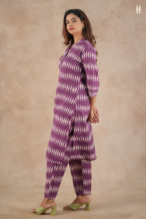 Mandarin Neck Printed Design Purple Cotton Salwar Set