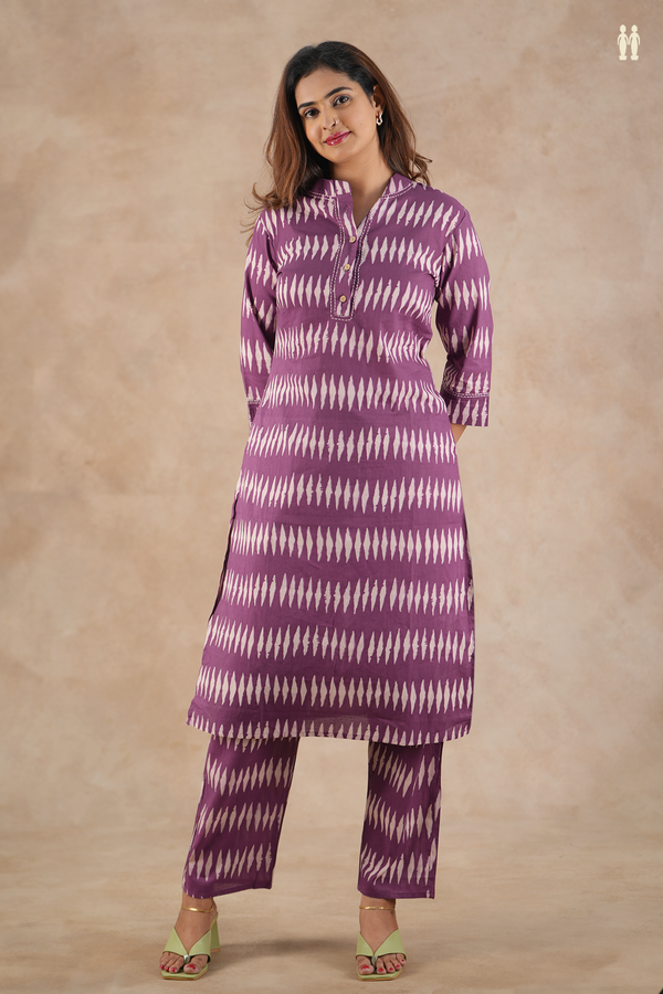 Mandarin Neck Printed Design Purple Cotton Salwar Set