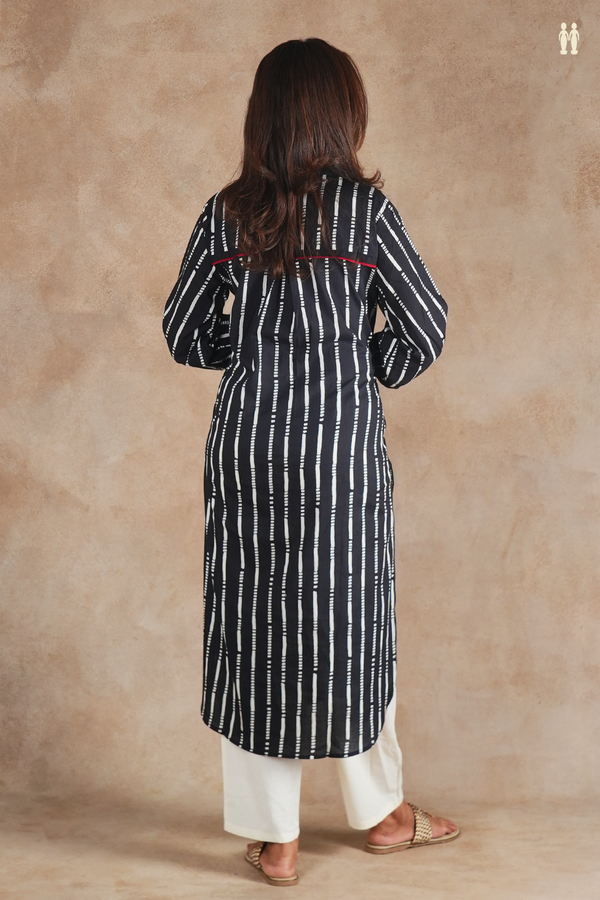 Mandarin Neck Stripes Design Black Cotton Long Kurta