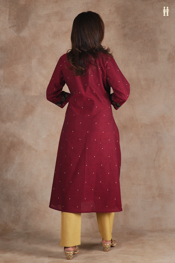 Mandarin Neck Threadwork Buttas Red Cotton Long Kurta