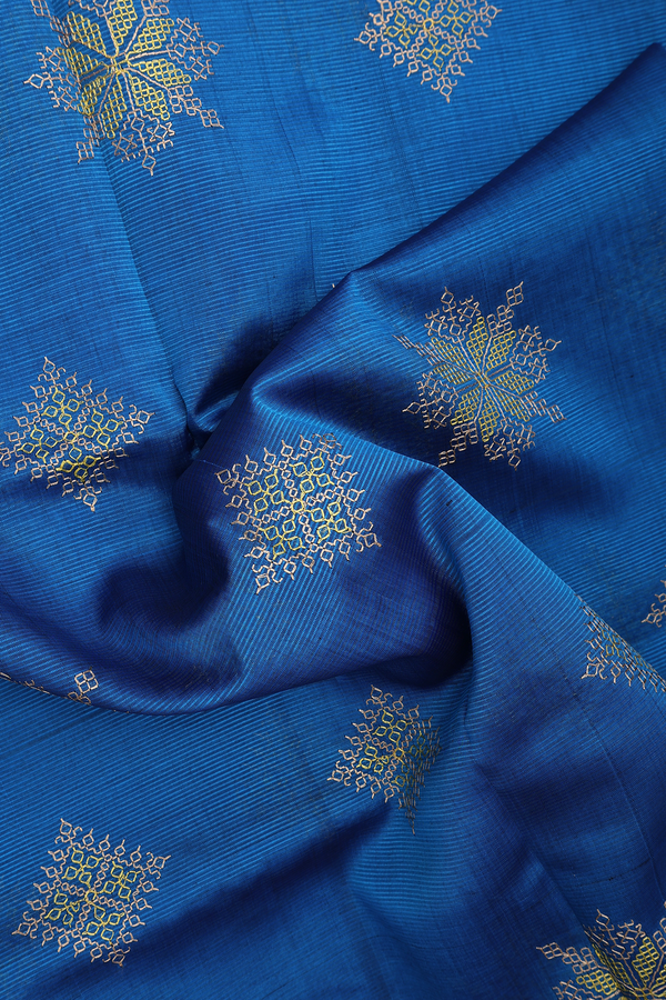 Mangalagiri Cotton Saree Cobalt Blue With Threadwork Design