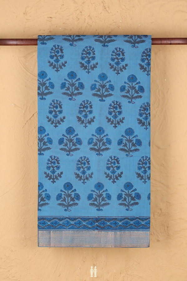 Mangalagiri Cotton Saree In Blue With Floral Printed Design