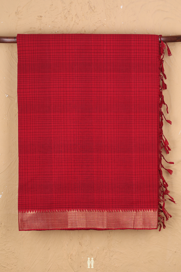 Mangalagiri Cotton Saree In Chilli Red With Checks Design
