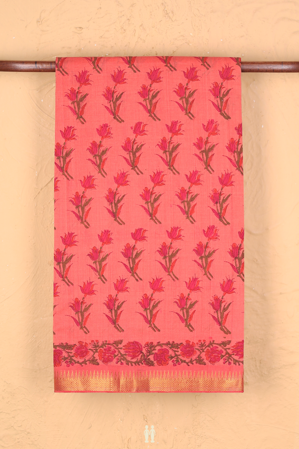 Mangalagiri Cotton Saree In Coral Pink With Floral Design