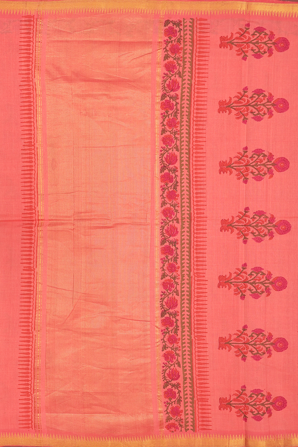 Mangalagiri Cotton Saree In Coral Pink With Floral Design