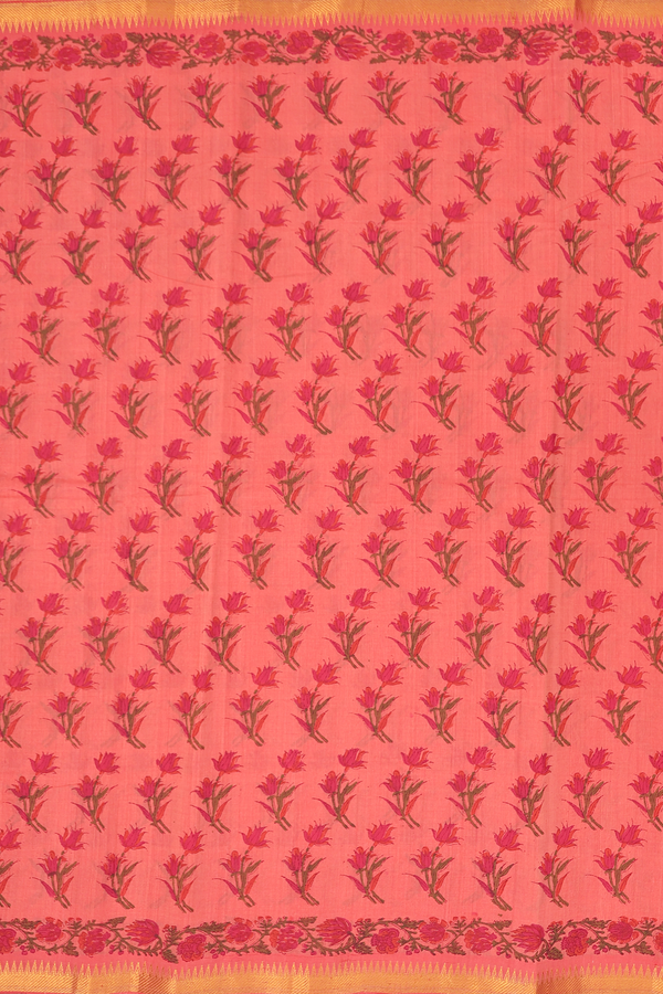 Mangalagiri Cotton Saree In Coral Pink With Floral Design