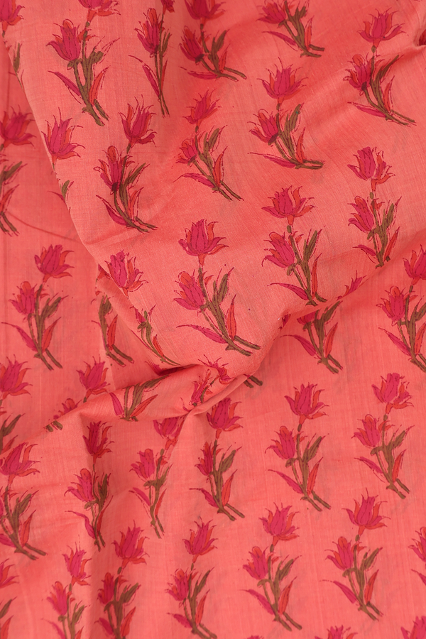 Mangalagiri Cotton Saree In Coral Pink With Floral Design