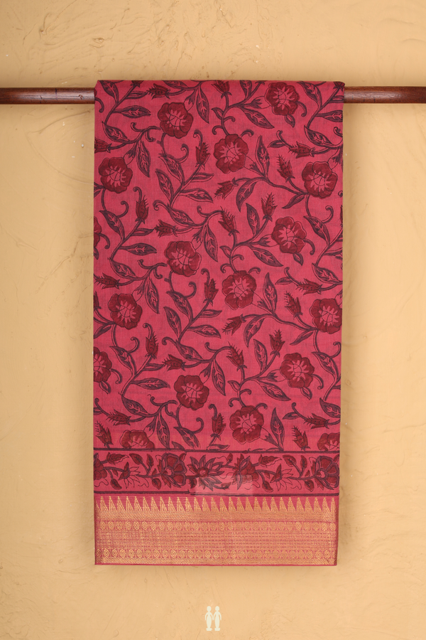 Mangalagiri Cotton Saree In Hibiscus Red With Floral Design