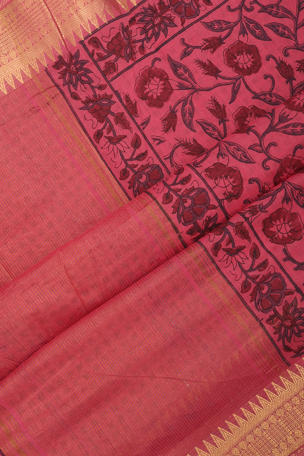 Mangalagiri Cotton Saree In Hibiscus Red With Floral Design