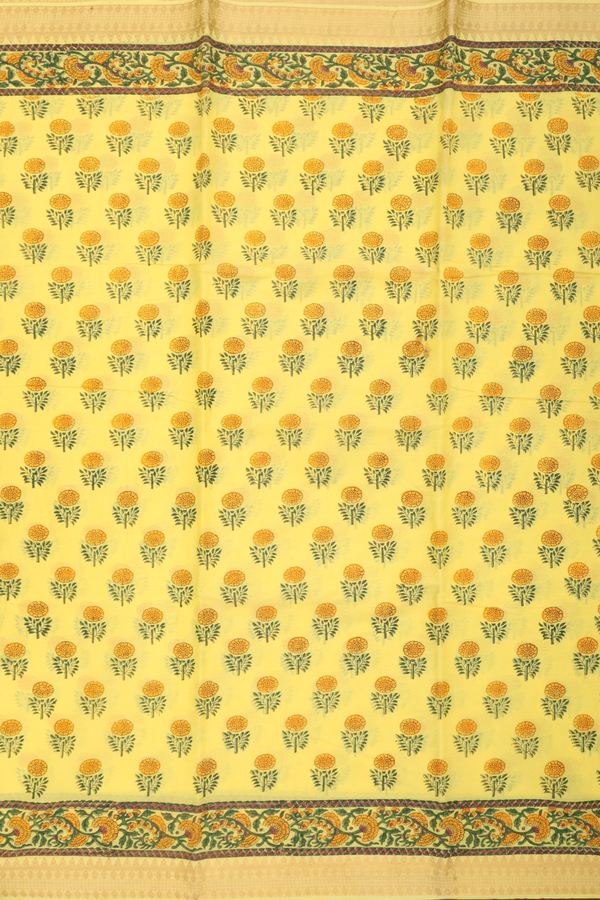 Mangalagiri Cotton Saree In Lemon Yellow With Floral Buttas