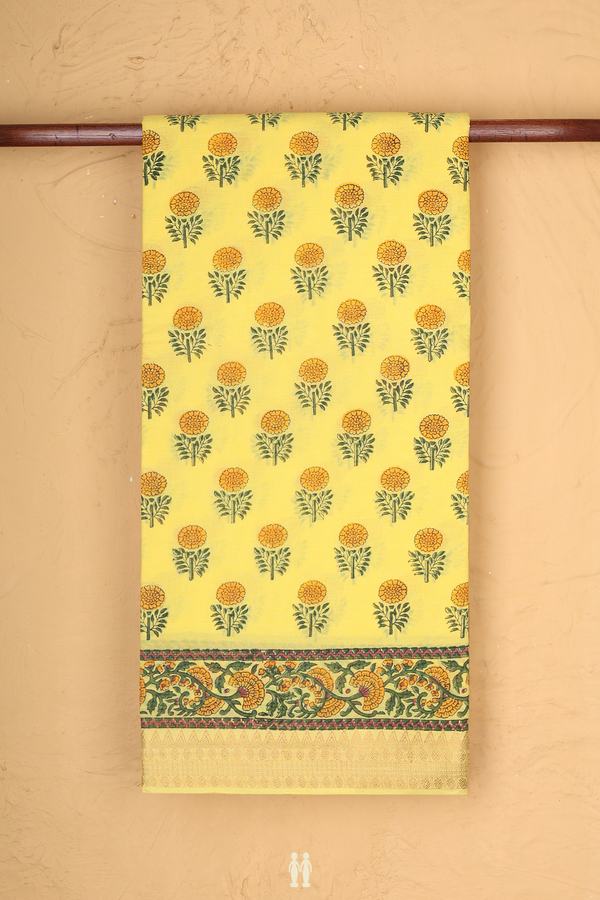 Mangalagiri Cotton Saree In Lemon Yellow With Floral Buttas