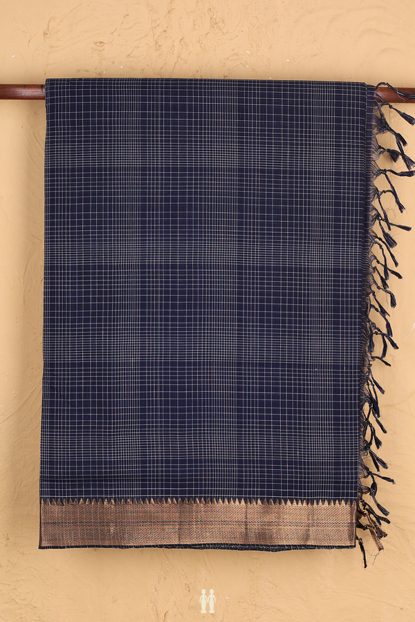 Mangalagiri Cotton Saree In Navy Blue With Checks Design
