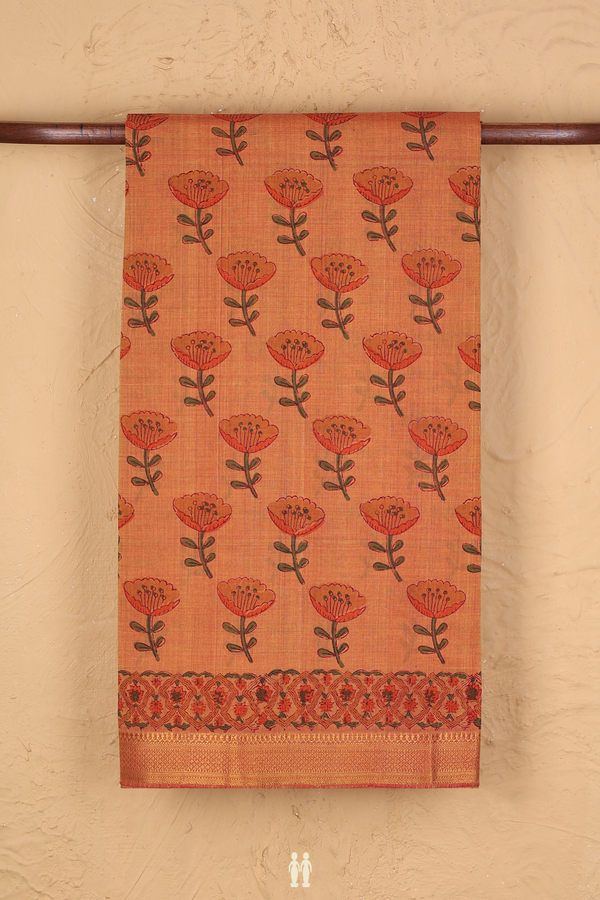 Mangalagiri Cotton Saree In Ochre Orange With Floral Design