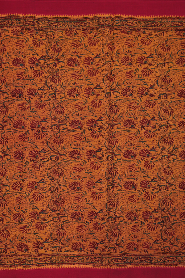 Mangalagiri Cotton Saree In Orange With Floral Design