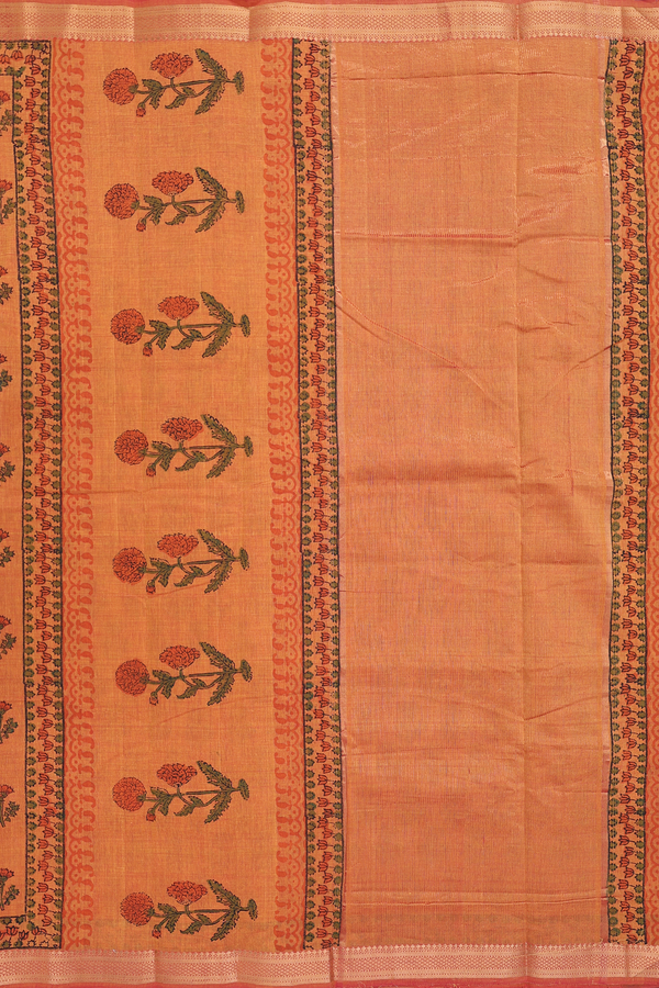 Mangalagiri Cotton Saree In Orange With Floral Printed Design