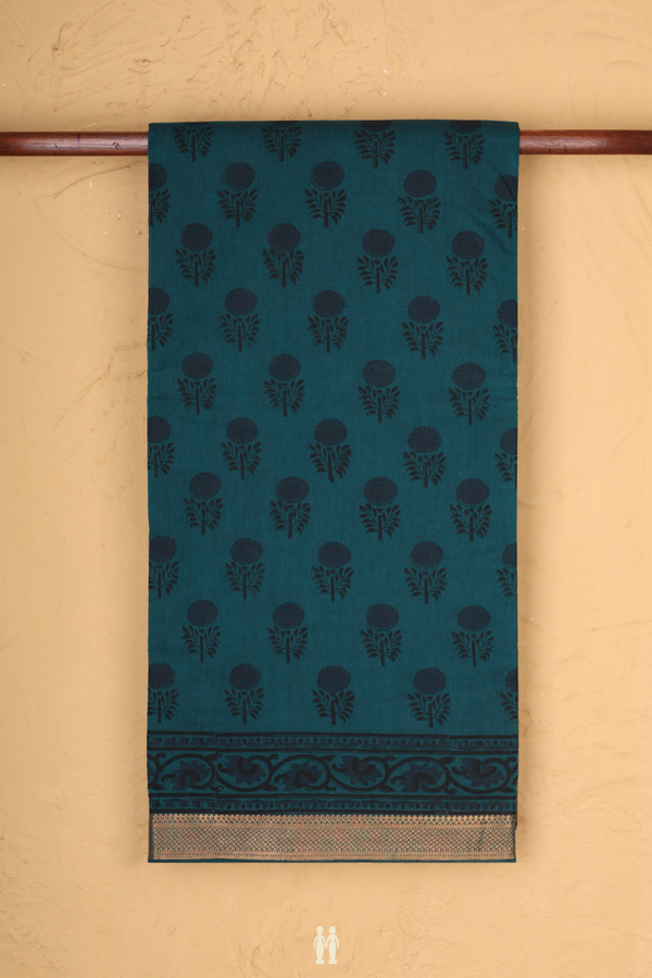 Mangalagiri Cotton Saree In Pine Green With Floral Buttas