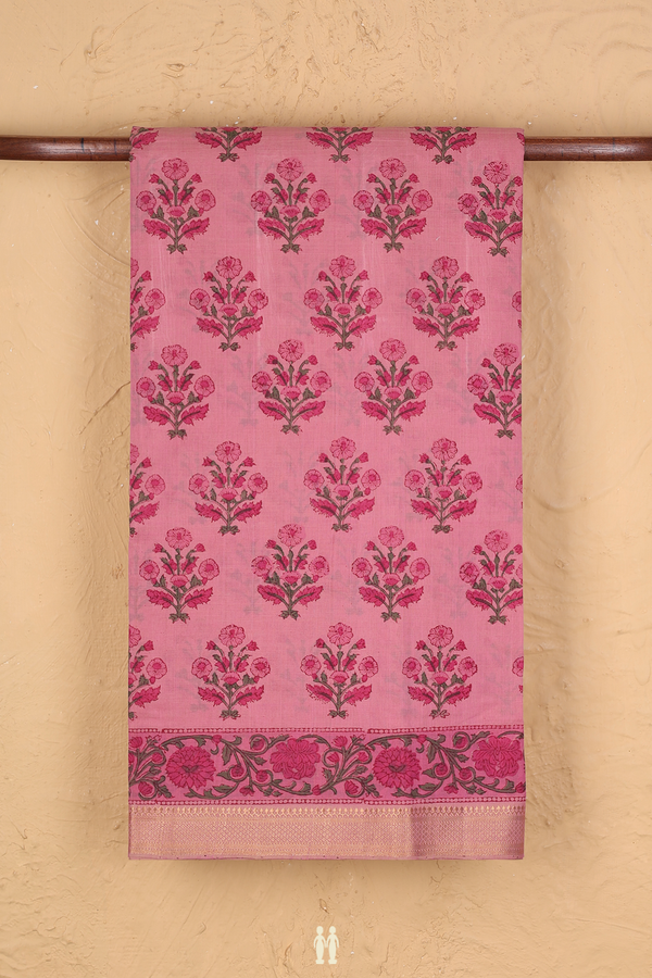 Printed Mangalagiri Cotton Saree In Pink With Floral Buttas