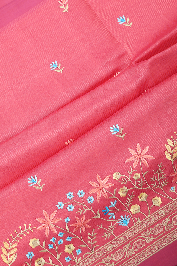 Mangalagiri Cotton Saree In Punch Pink With Floral Design