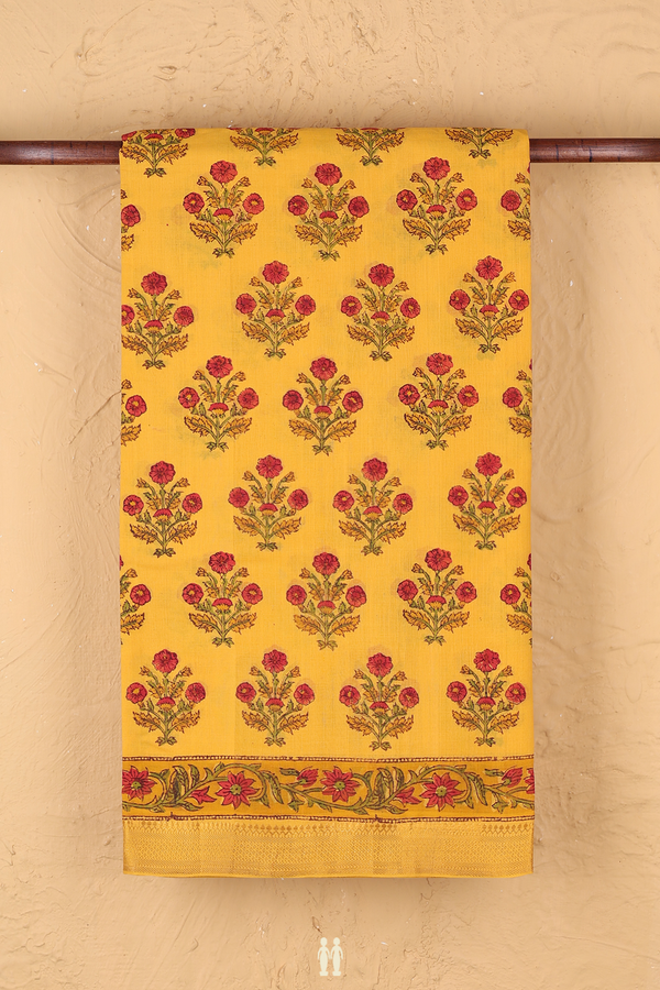 Mangalagiri Cotton Saree In Yellow With Floral Printed Design