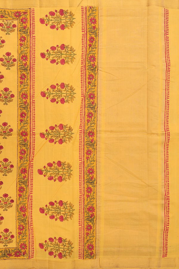 Mangalagiri Cotton Saree In Yellow With Floral Printed Design