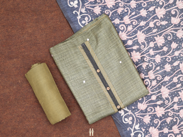 Mirror Buttas Mehendi Green Tussar Unstitched Salwar Material