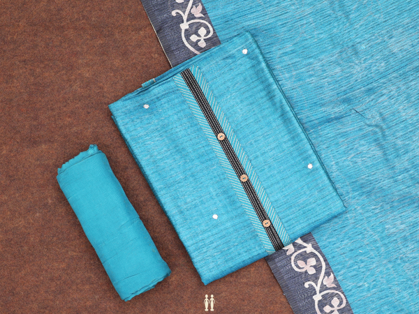 Mirror Buttas Teal Blue Tussar Unstitched Salwar Material