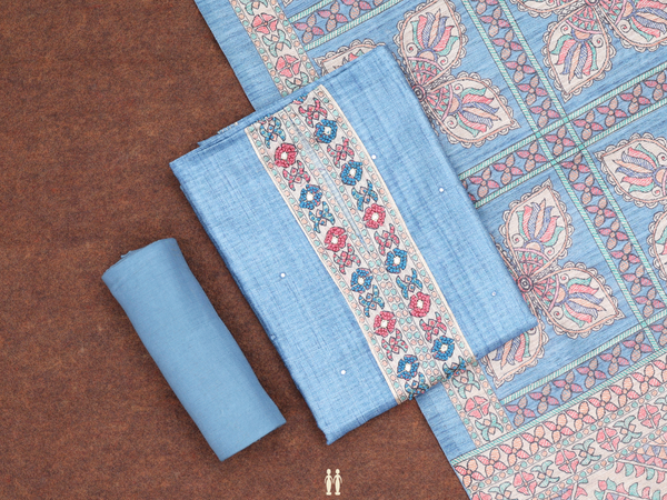 Mirror Buttis Blue Tussar Unstitched Salwar Material