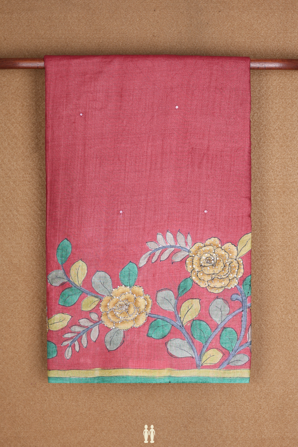 Mirror Buttis Hibiscus Red Tussar Silk Saree