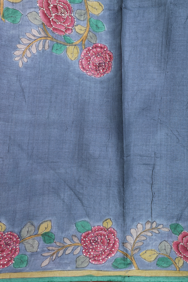 Mirror Buttis Hibiscus Red Tussar Silk Saree