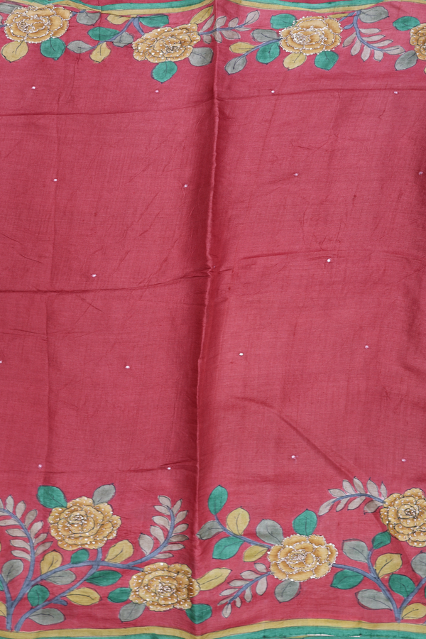 Mirror Buttis Hibiscus Red Tussar Silk Saree