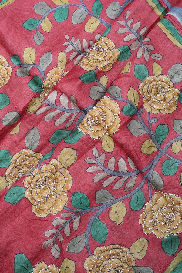 Mirror Buttis Hibiscus Red Tussar Silk Saree