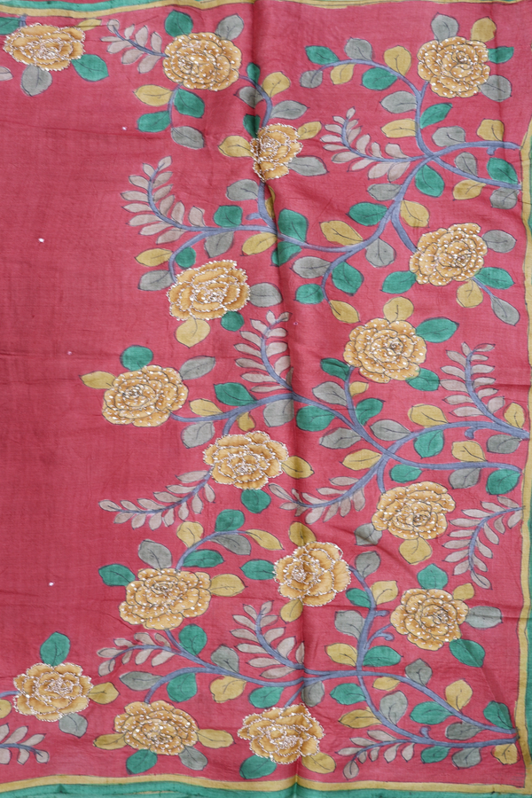 Mirror Buttis Hibiscus Red Tussar Silk Saree