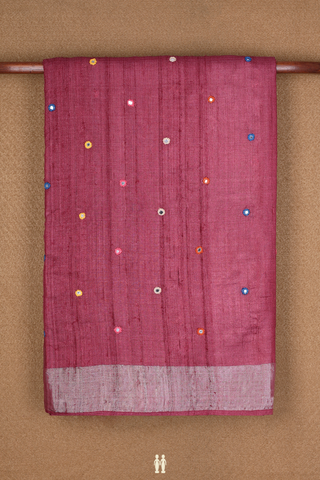 Mirror Work Buttis Mulberry Red Tussar Silk Saree