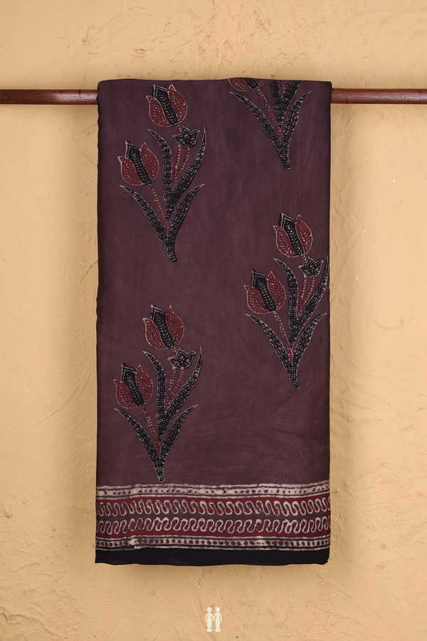 Modal Silk Saree In Dark Brown With Floral Printed Design