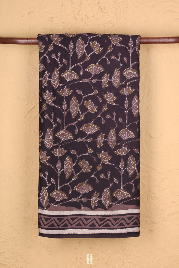 Modal Silk Saree In Dark Oak Brown With Floral Design
