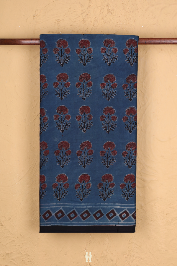Modal Silk Saree In Prussian Blue With Floral Printed Design