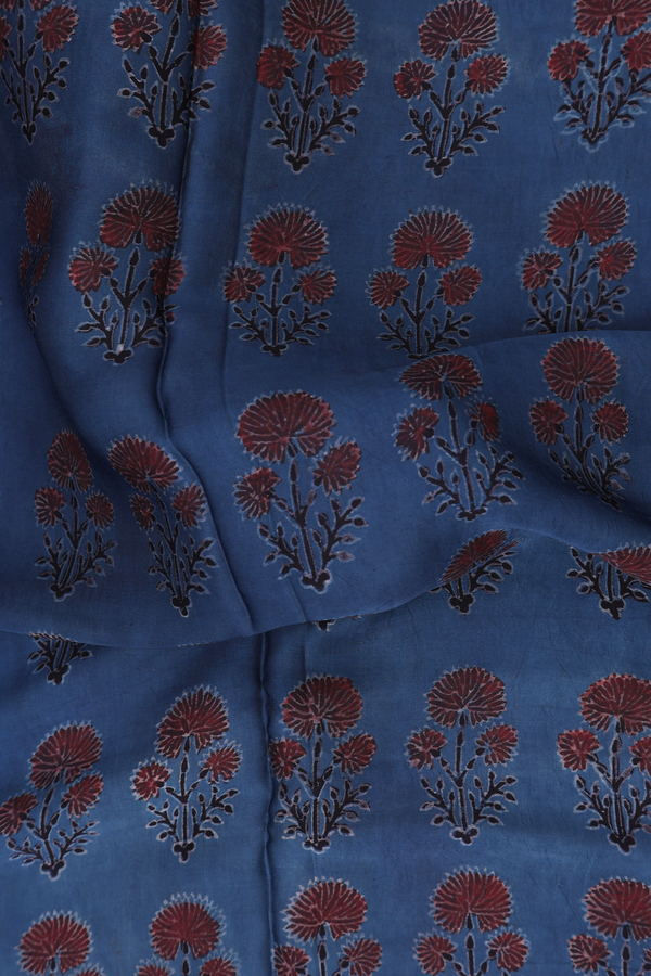 Modal Silk Saree In Prussian Blue With Floral Printed Design