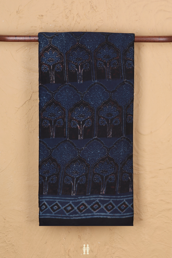 Modal Silk Saree In Prussian Blue With Tree Design