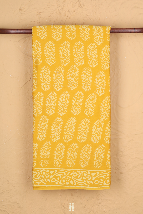 Modal Silk Saree In Saffron Yellow With Paisley Design