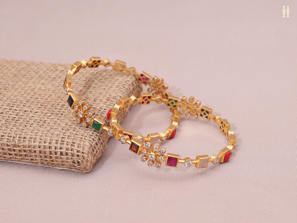 Multicolor Stone Gold Plated Pure Silver Bangles