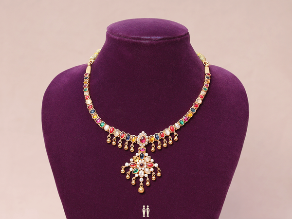 Multicolor Kemp Stone With Beads Gold Plated Silver Necklace