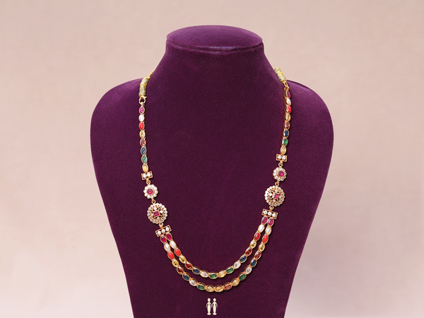Multicolor Stone Double Layered Gold Plated Silver Necklace