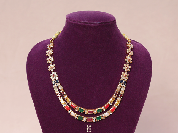 Multicolor Stone Double Layered Gold Plated Silver Necklace