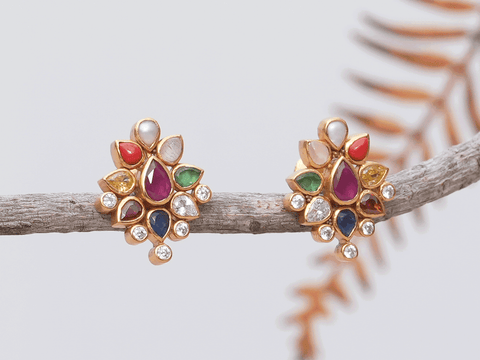 Multicolor Stone Gold-Plated Pure Silver Stud Earrings