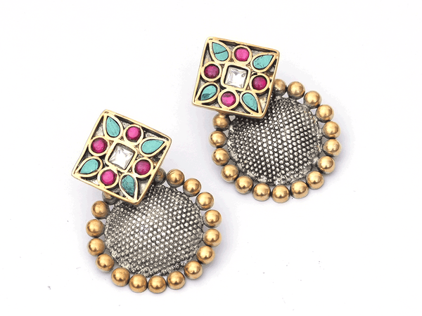 Multicolor Stone Mandala Design Gold Plated Silver Earrings